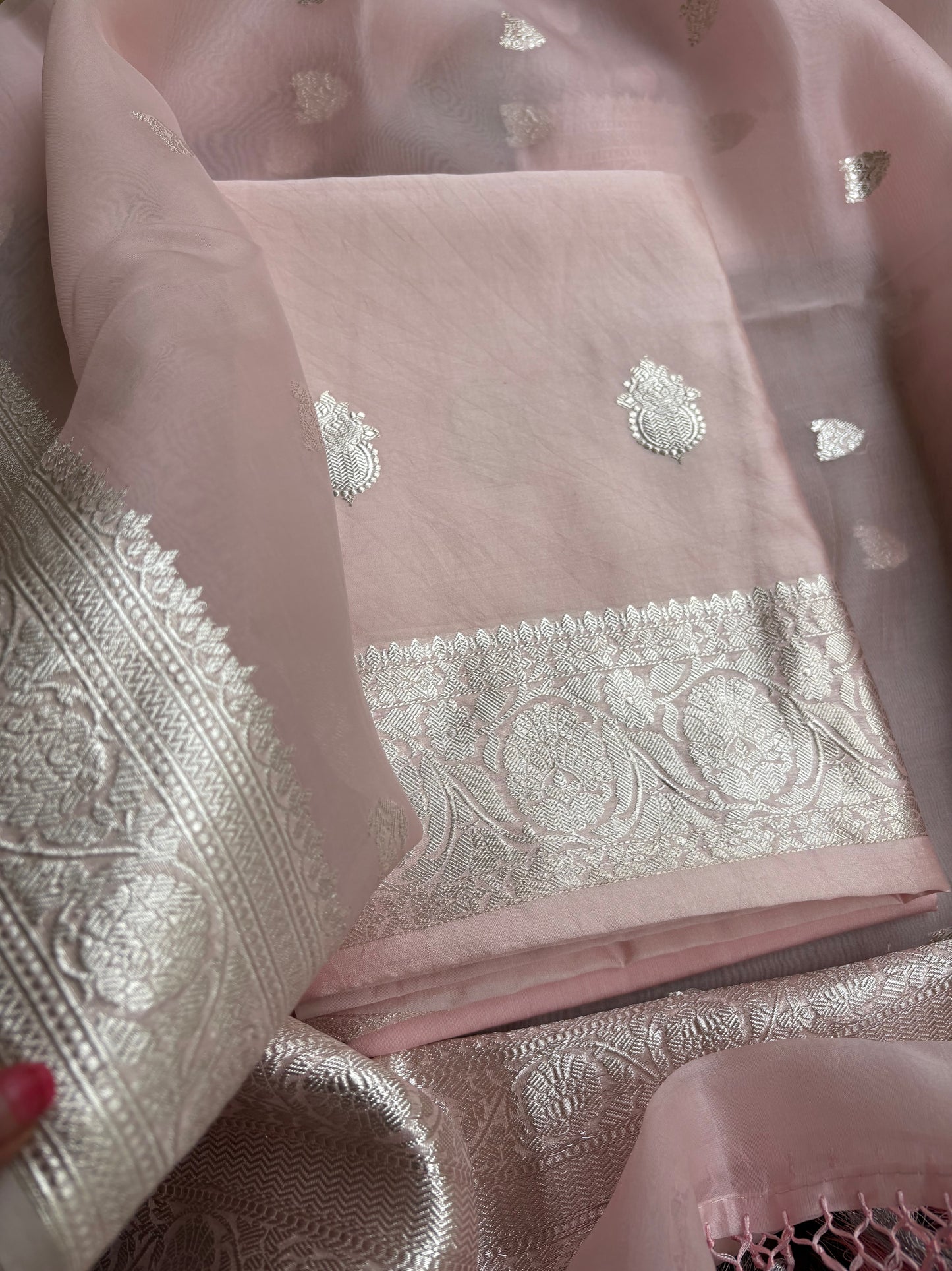 Pink Chiniya kadhwa silver zari 3 piece suit set