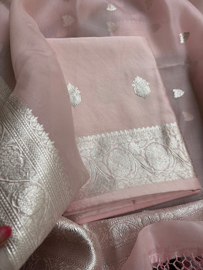 Pink Chiniya kadhwa silver zari 3 piece suit set