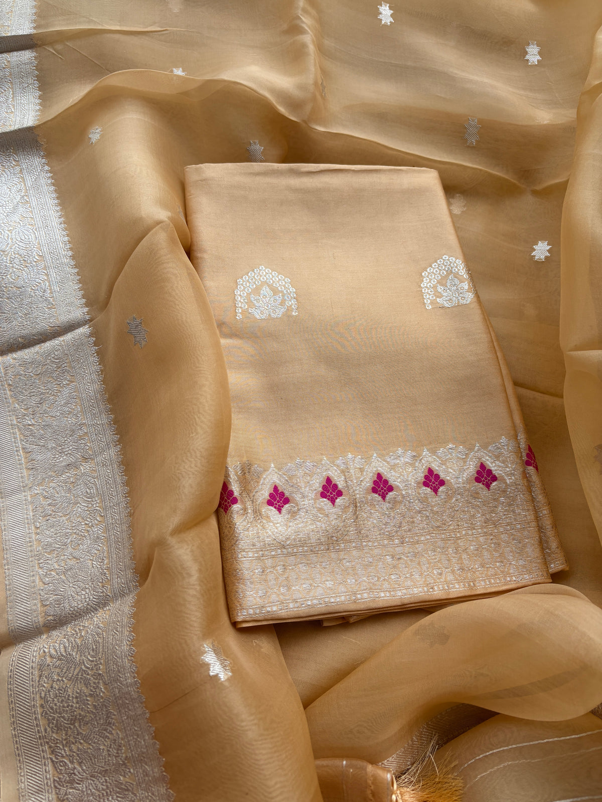 Beige Chiniya silk suit set with kora silk silver zari dupatta