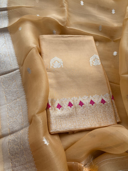 Beige Chiniya silk suit set with kora silk silver zari dupatta