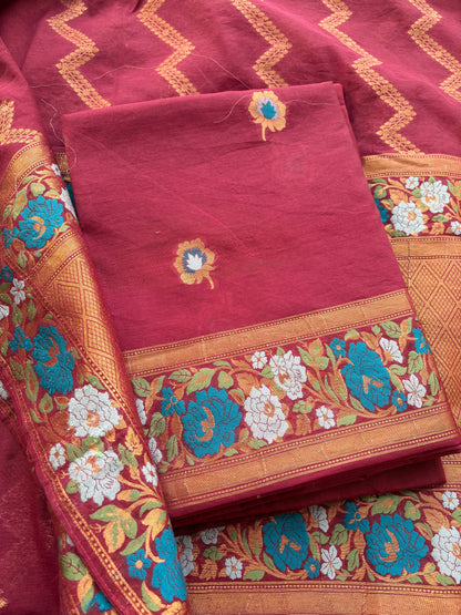 Maroon Chanderi cotton full jaal weaving suit set