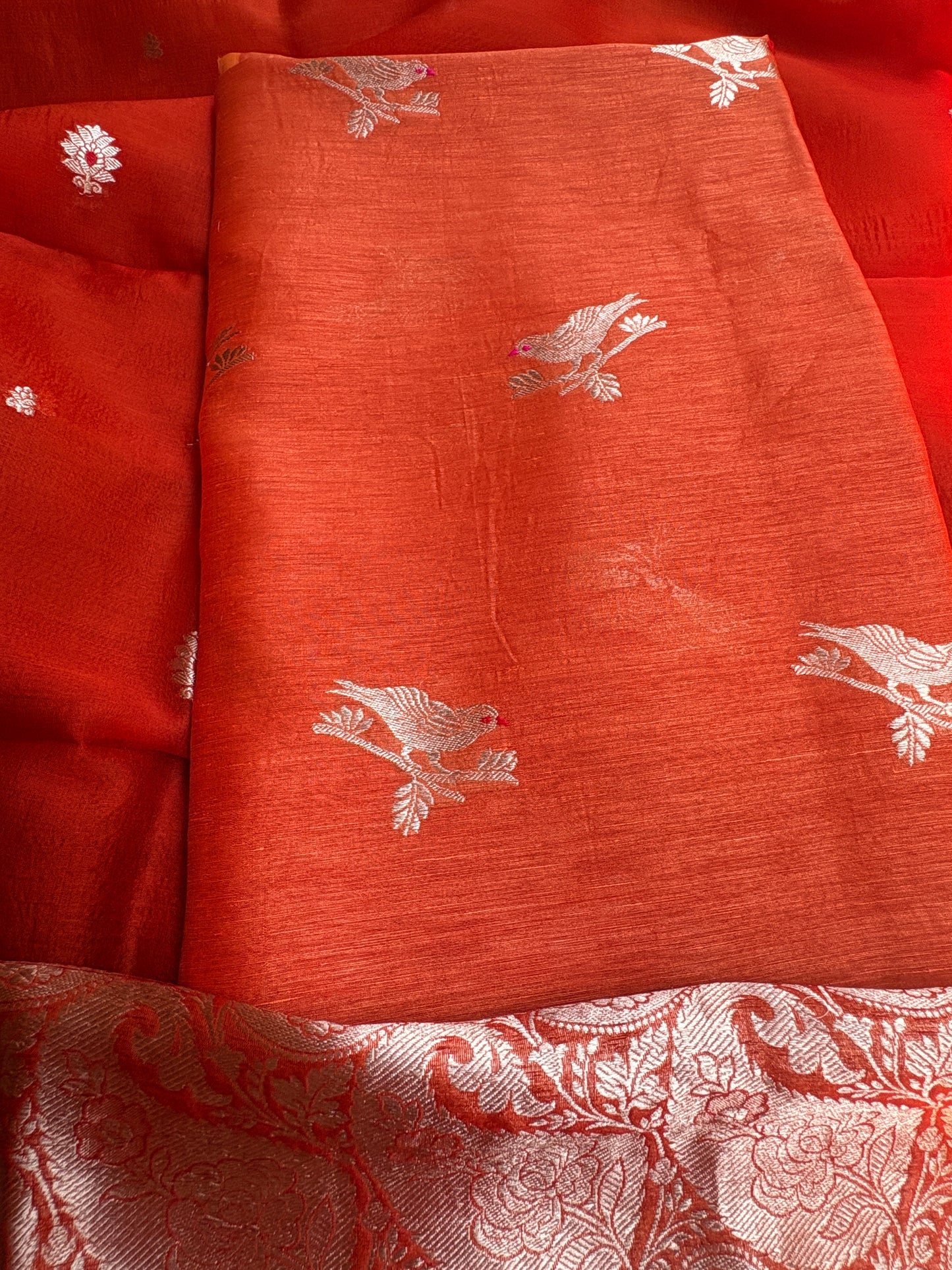 Orange linen silk kurta, bottom , kora silk dupatta