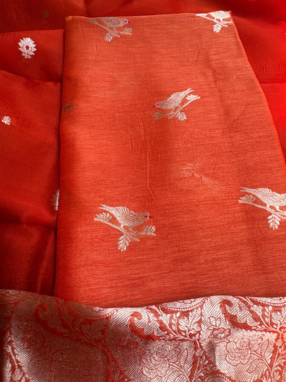 Orange linen silk kurta, bottom , kora silk dupatta
