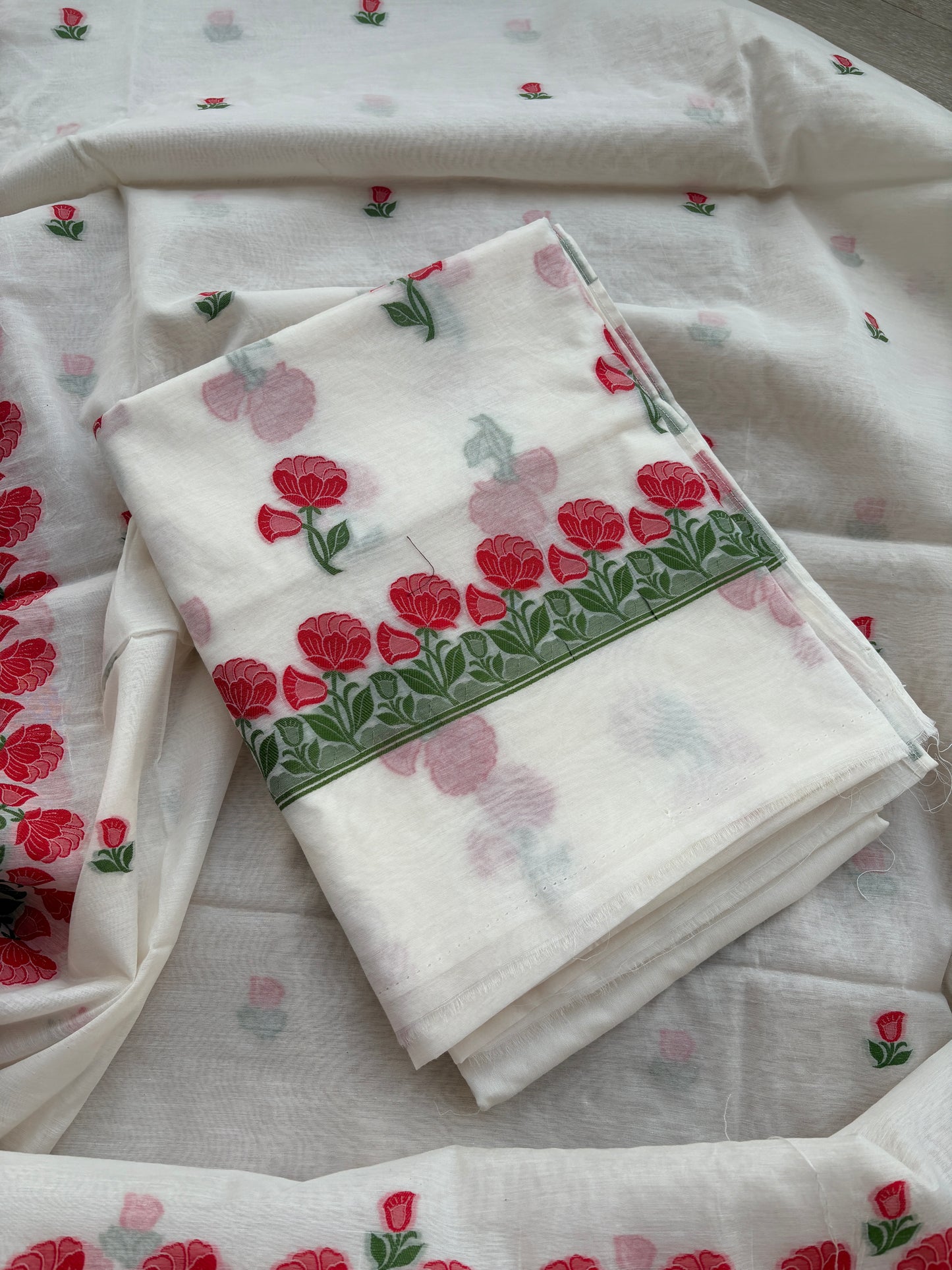 White Chanderi meenadar flower suit set
