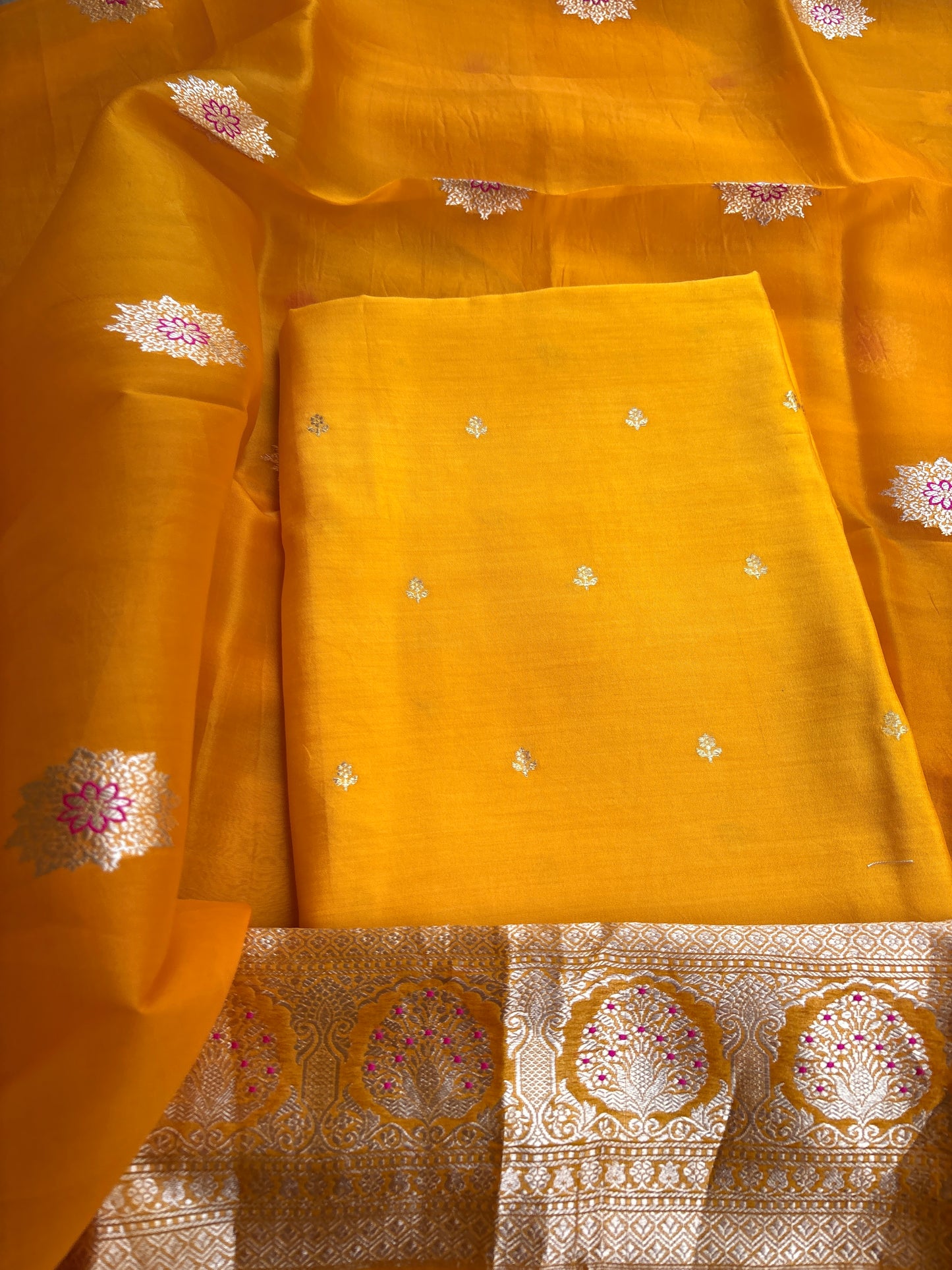 Yellow Chiniya silk kurta , bottom and kora silk dupatta