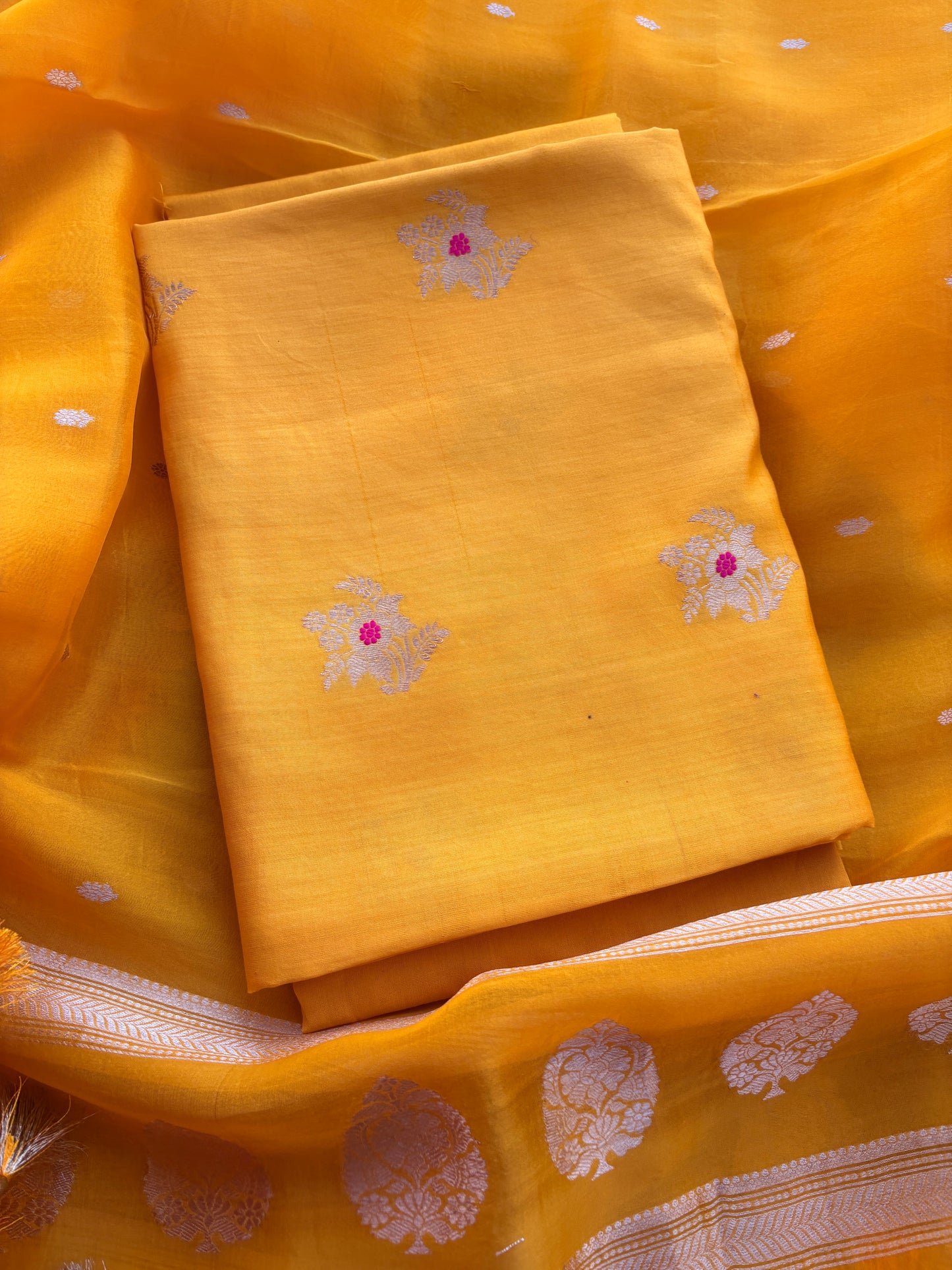 Yellow Chiniya silk meenadar kadhwa suit set