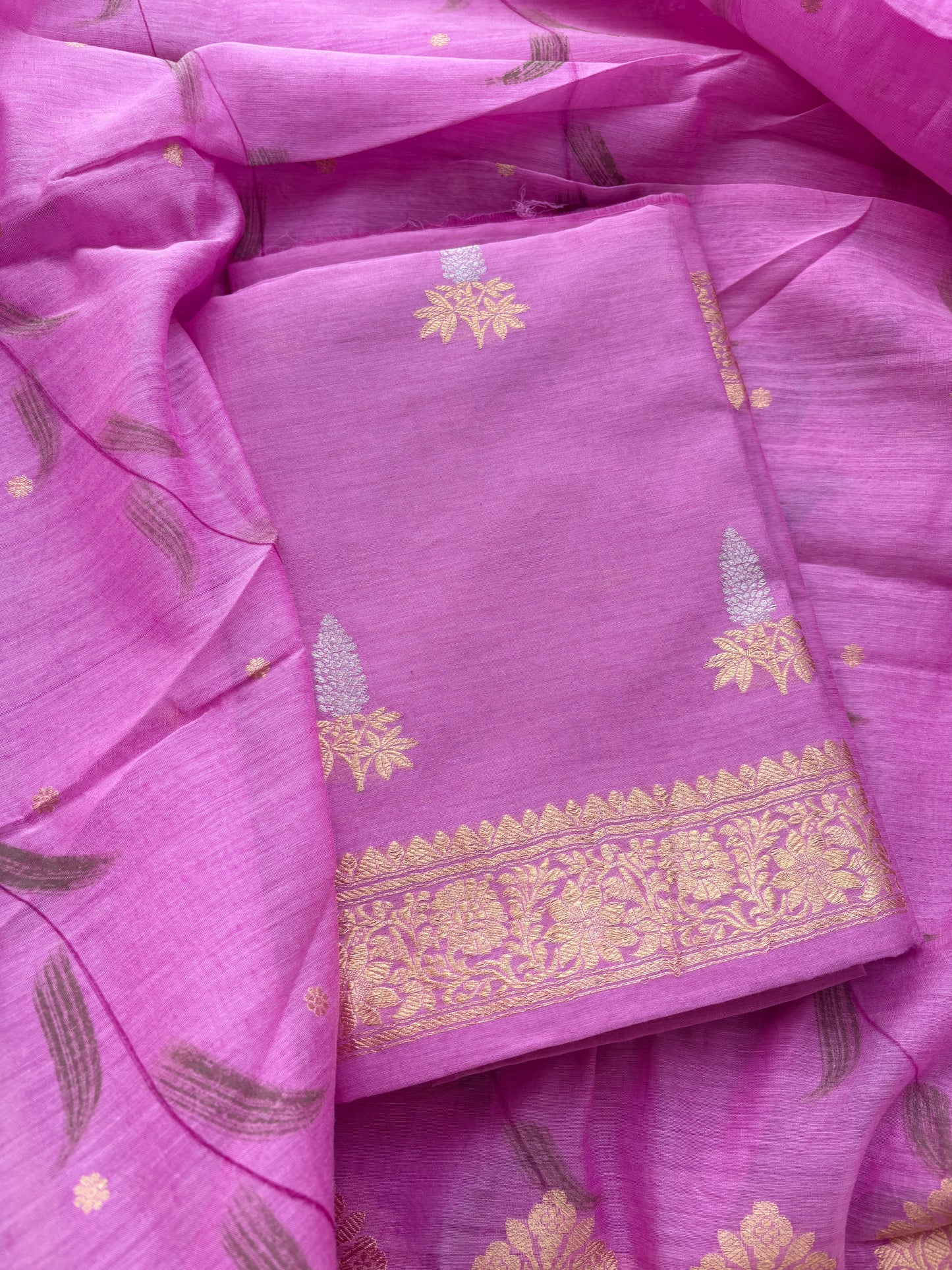 Pink cotton kadhwa silk suit set
