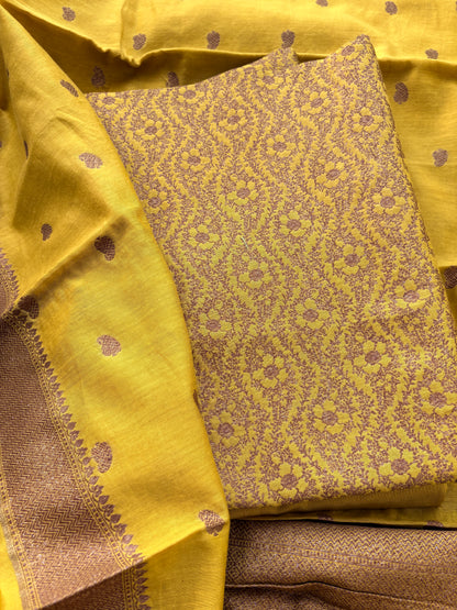 Yellow brocade cotton silk suit set