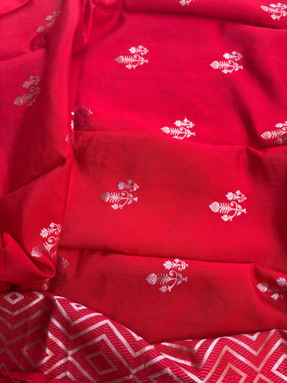 Red Chiniya silk 3 piece bird motif suit set