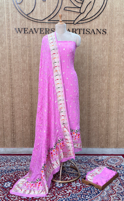 Pink bandhani suit with paithani border