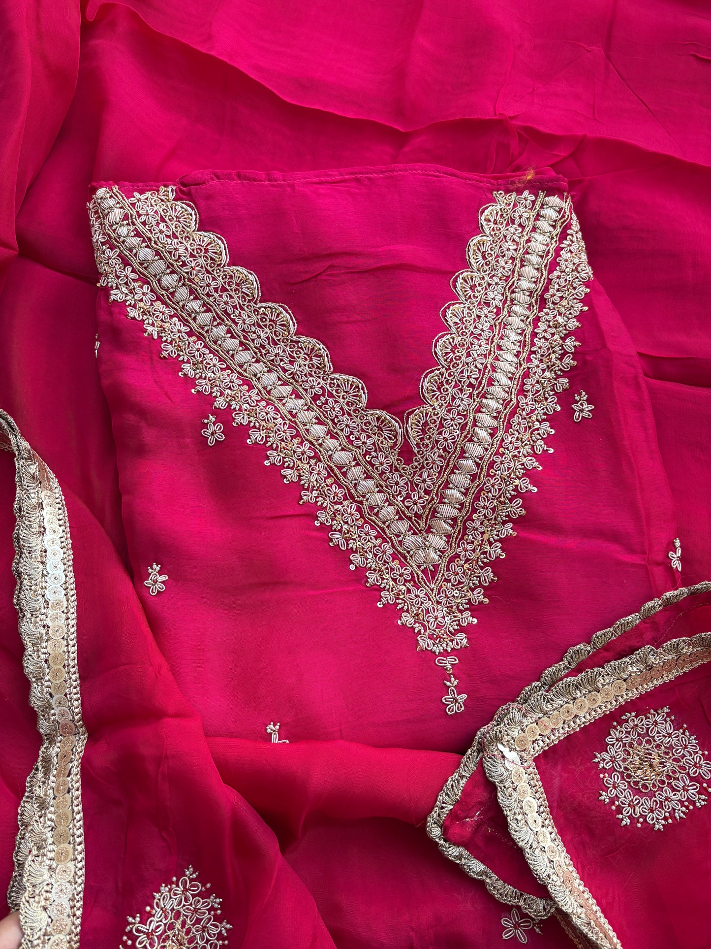 Pink hand embroidered crepe suit