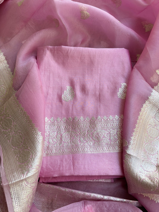 Pink Chiniya kora silver zari suit set