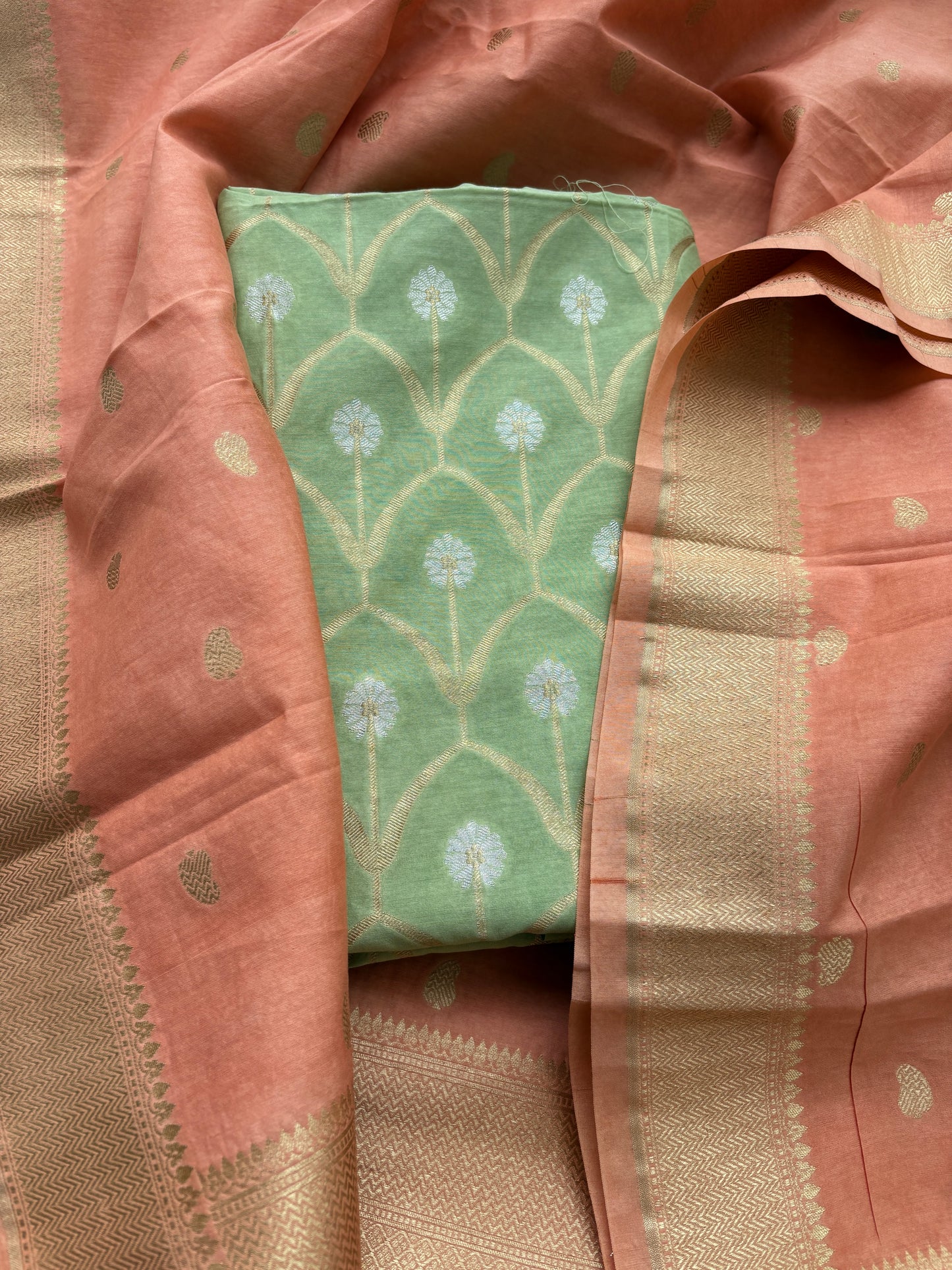 Green kurta with peach dupatta cotton silk suit set