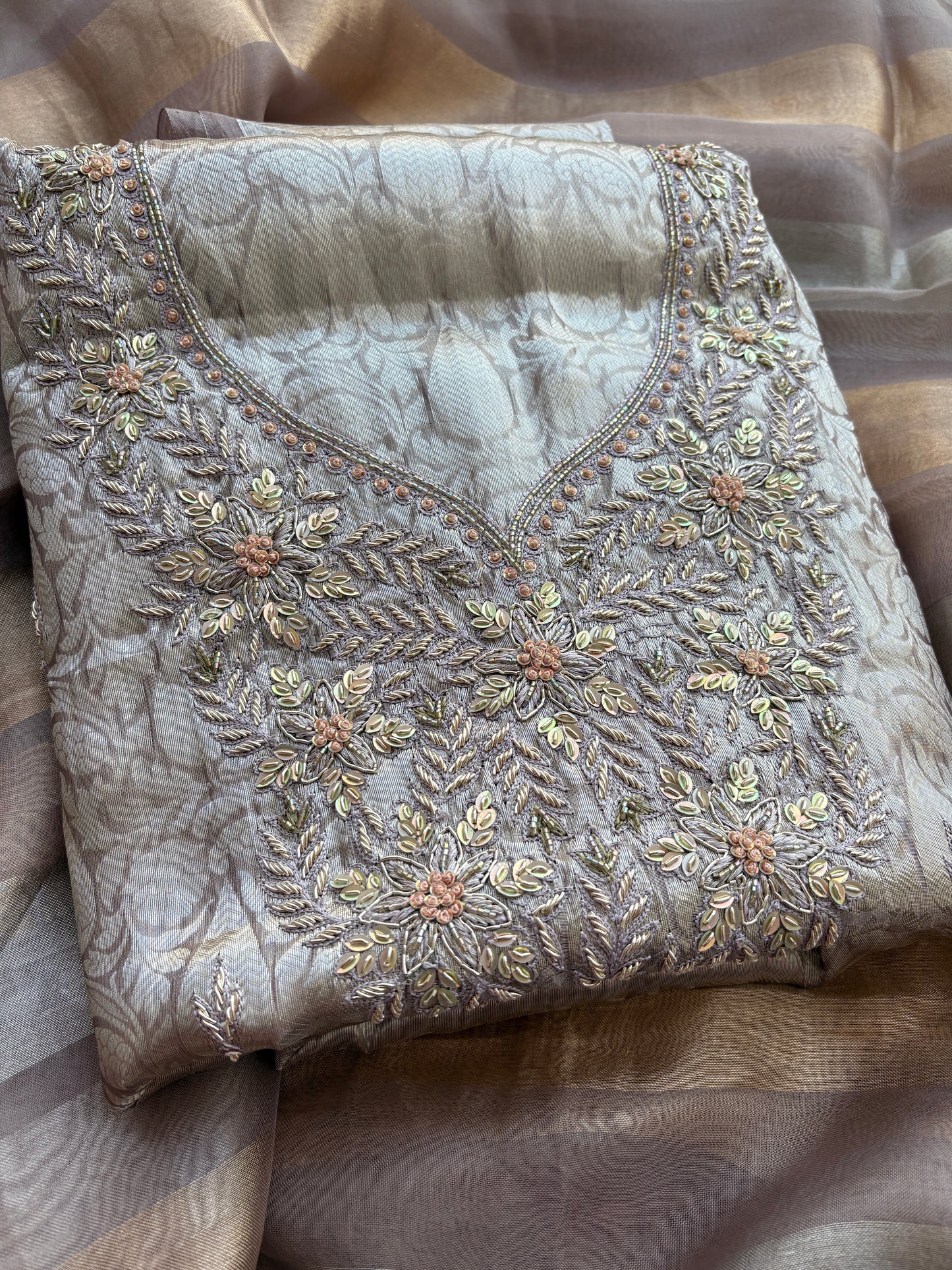 Tissue brocade embroidered suit set