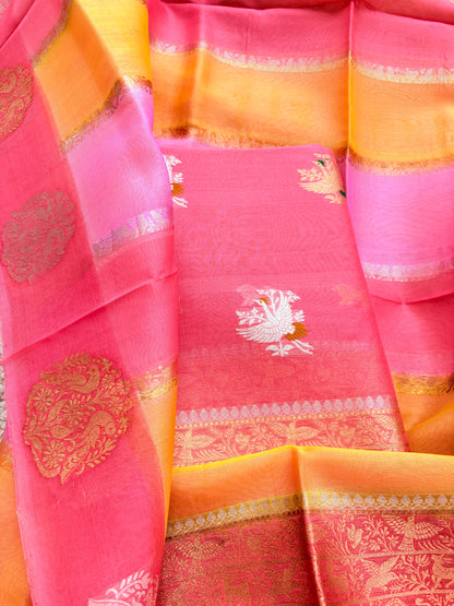 Peach pink Kora silk suit with Kora silk shaded dupatta