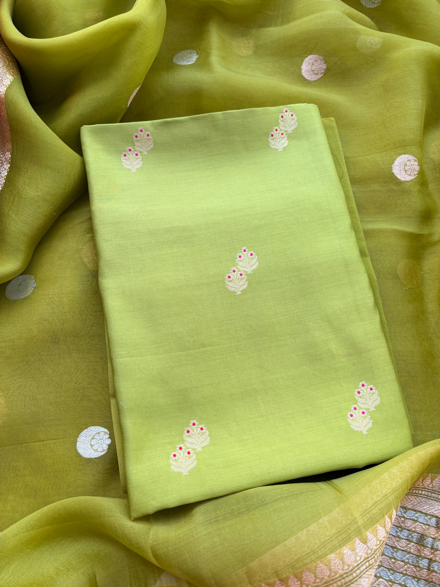 Green Chiniya silk kora suit set