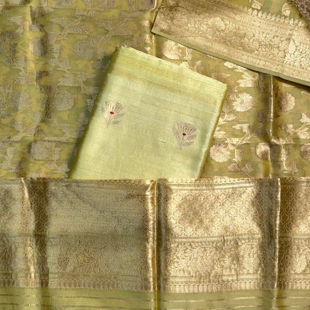 Lime yellow raw silk suit with jaal kora silk dupatta