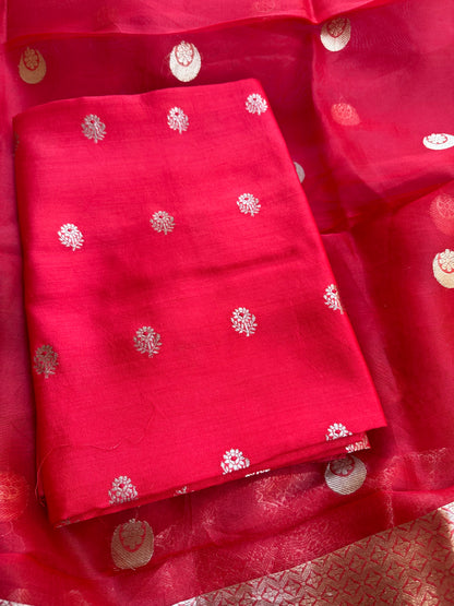 Red chiniya silk kurta, kora silk dupatta, plain bottom