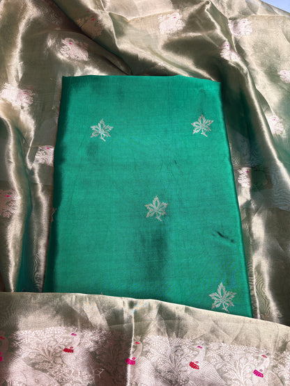 Green pure silk kadhwa kurta, tissue dupatta