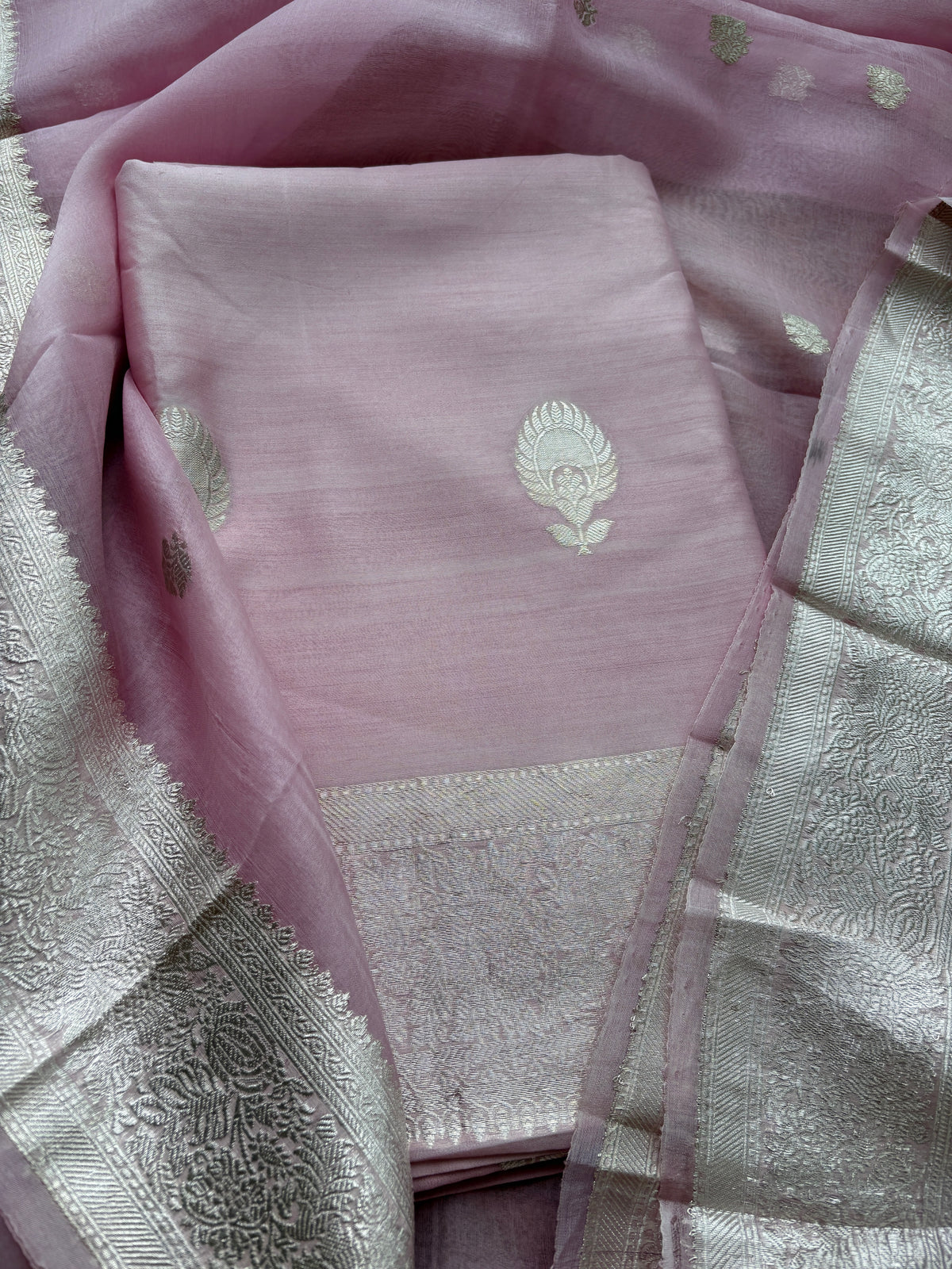 Pink lavender silver zari Chiniya silk suit set