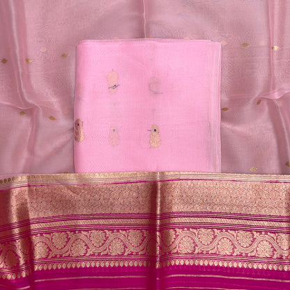 Pink Kora silk suit set with shaded dupatta