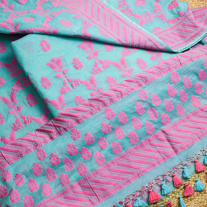 Blue base pink Resham weaving suit set