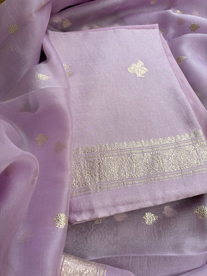Lavender Chiniya silk silver zari 3 piece suit set