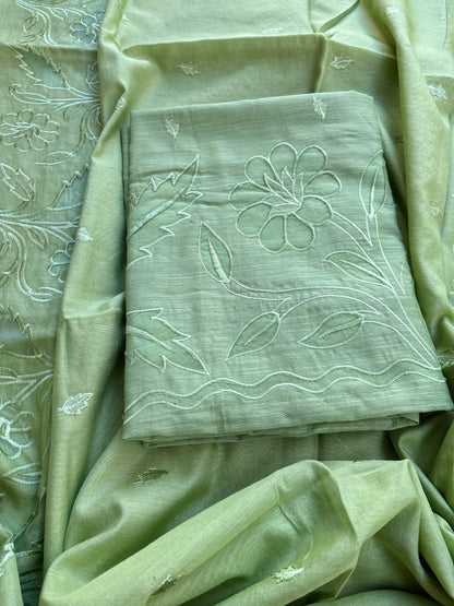 Green appliqué mul Chanderi suit set
