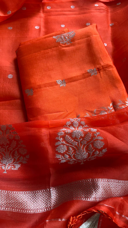 Orange raw mango silk kurta, pure silk bottom and kora silk dupatta