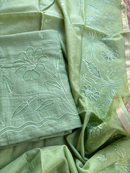 Green appliqué mul Chanderi suit set