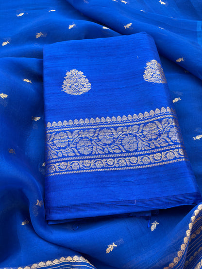 Blue raw silk suit set with kora silk dupatta