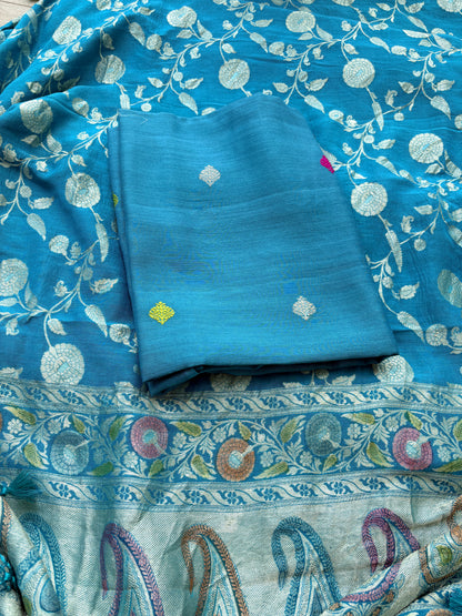 Firozi moonga silk suit set with jaal dupatta