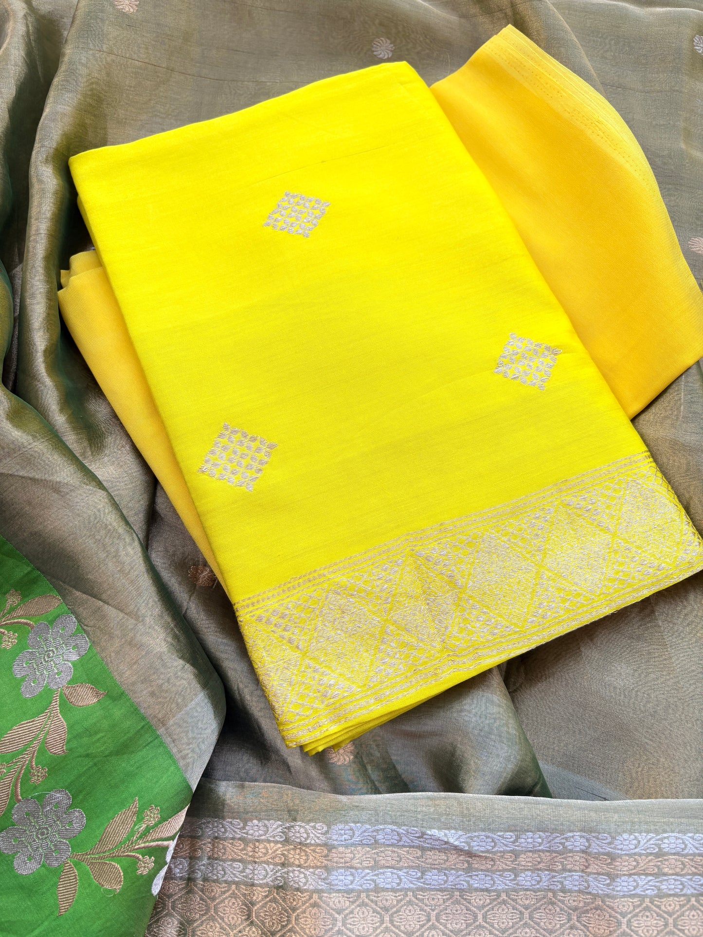 Yellow Chiniya silk with green tissue dupatta