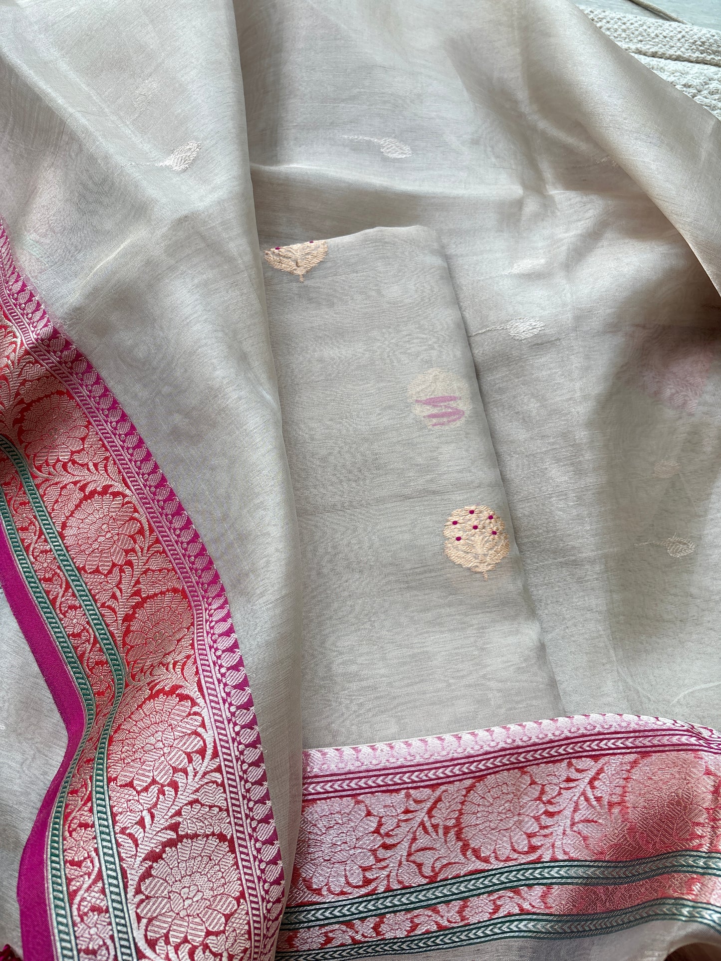Cream tissue suit set with kora tissue dupatta
