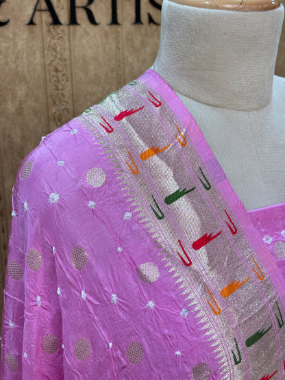 Pink bandhani suit with paithani border