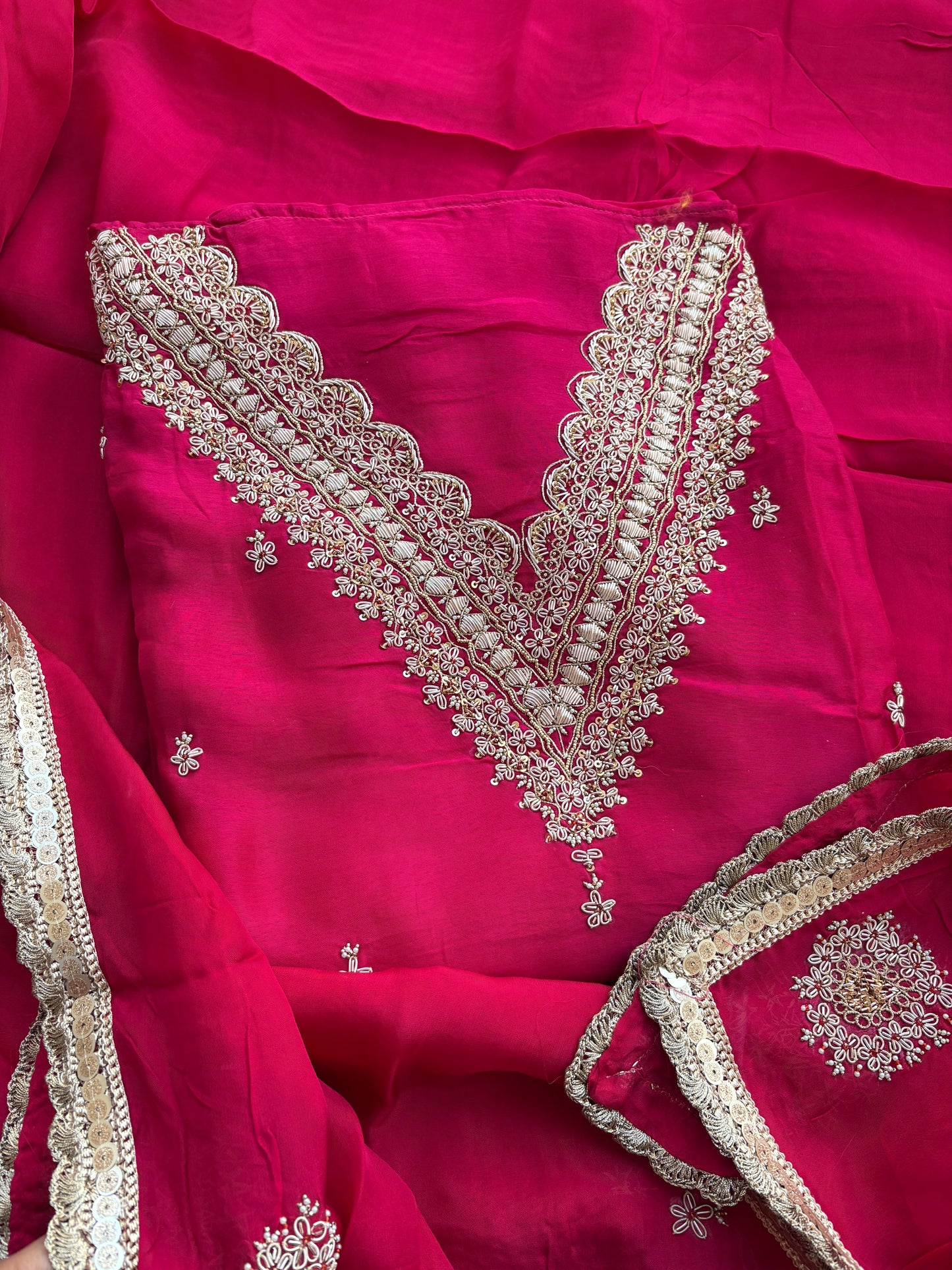 Pink hand embroidered crepe suit