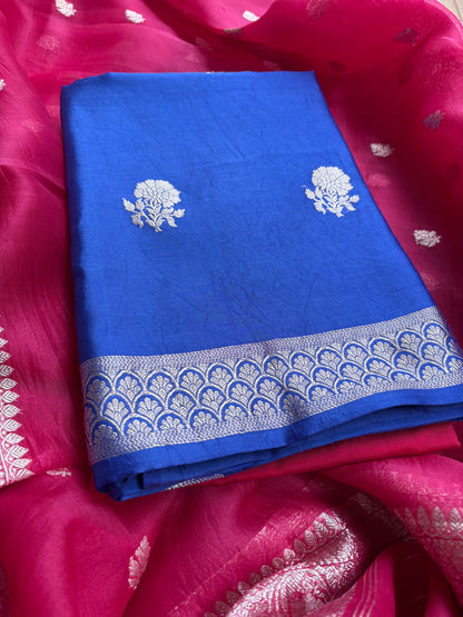 Blue Chiniya silk kurta, pink kora kadhwa dupatta, plain bottom