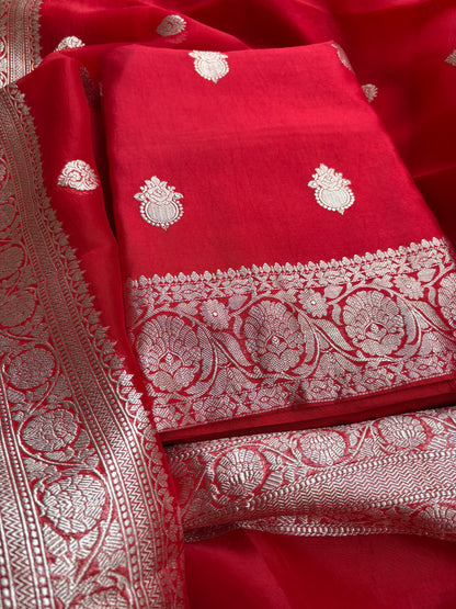 Red silver zari Chiniya kora suit set