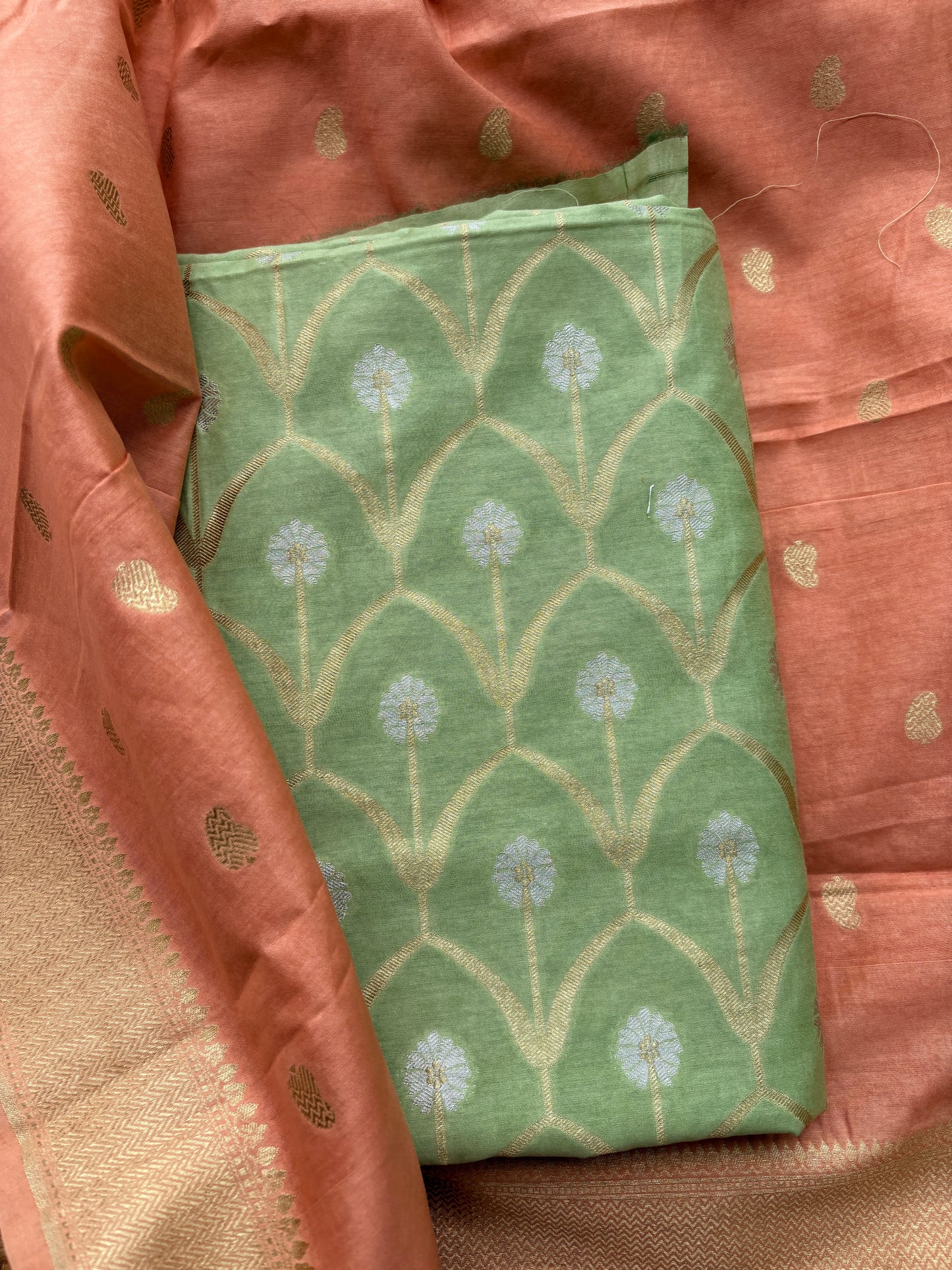 Green kurta with peach dupatta cotton silk suit set