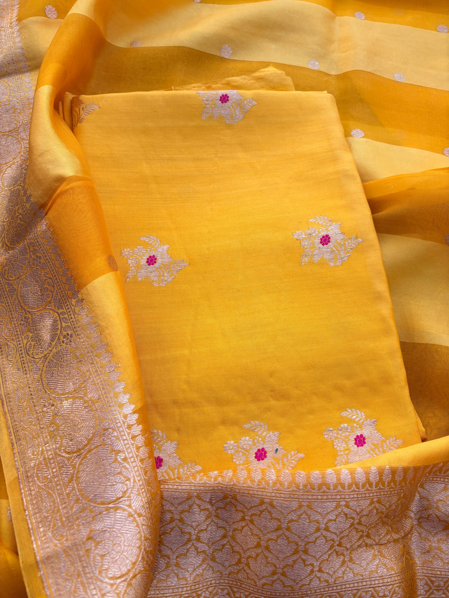 Yellow Chiniya silk kadhwa suit set