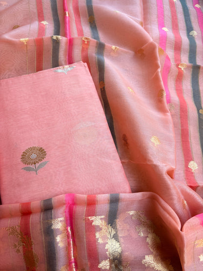 Peach Chiniya silk kurta , bottom and kora kadhwa dupatta