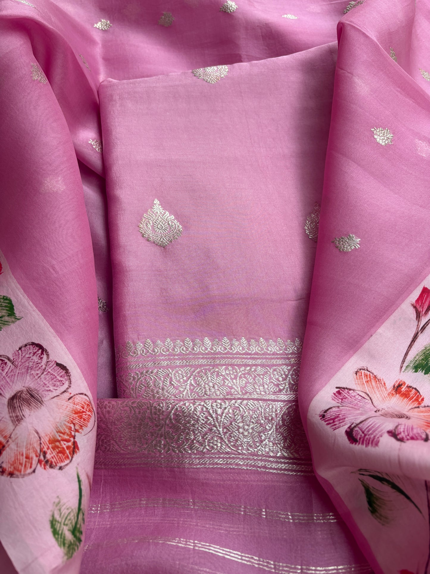 Pink silver zari Chiniya kora suit set