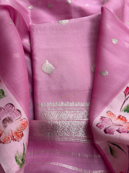 Pink silver zari Chiniya kora suit set