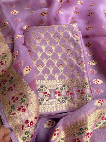Lavender moonga silk kadhwa Kurta, kora silk dupatta, plain crepe bottom