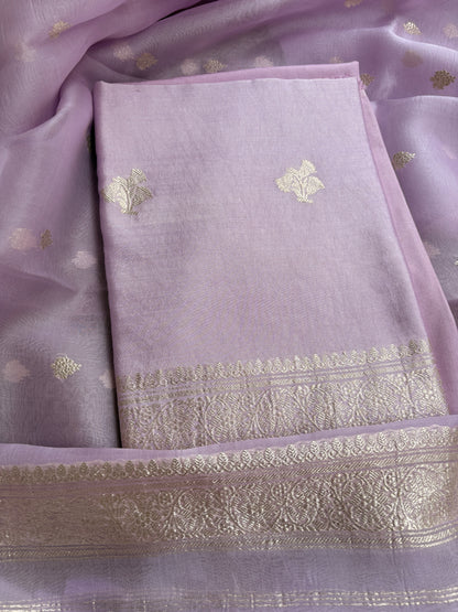 Lavender Chiniya silk silver zari 3 piece suit set