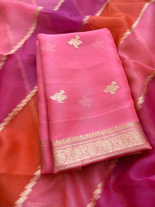 Pink Kora silk suit with rangkat dupatta