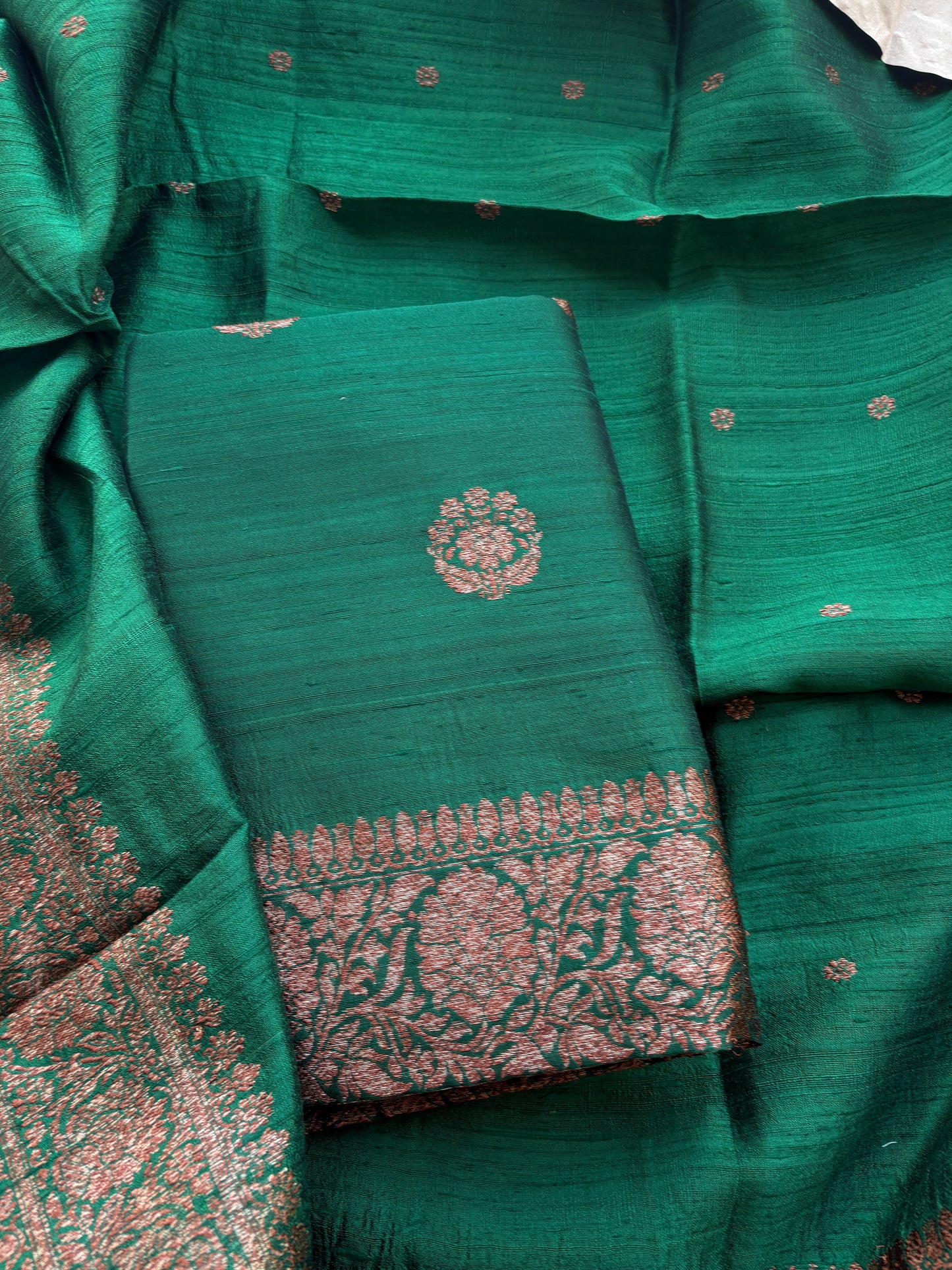 Green raw silk kadhwa suit set, raw silk dupatta