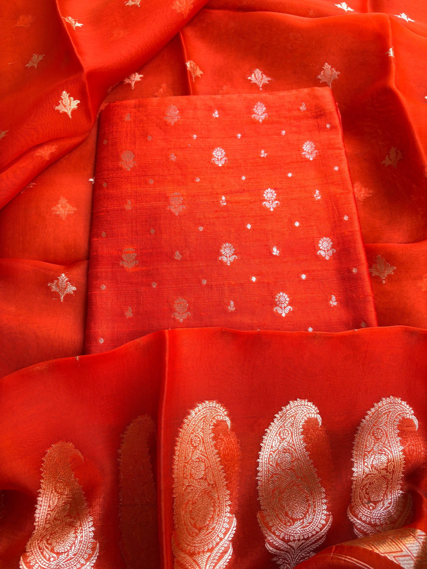 Orange raw silk kurta , bottom and kora silk dupatta