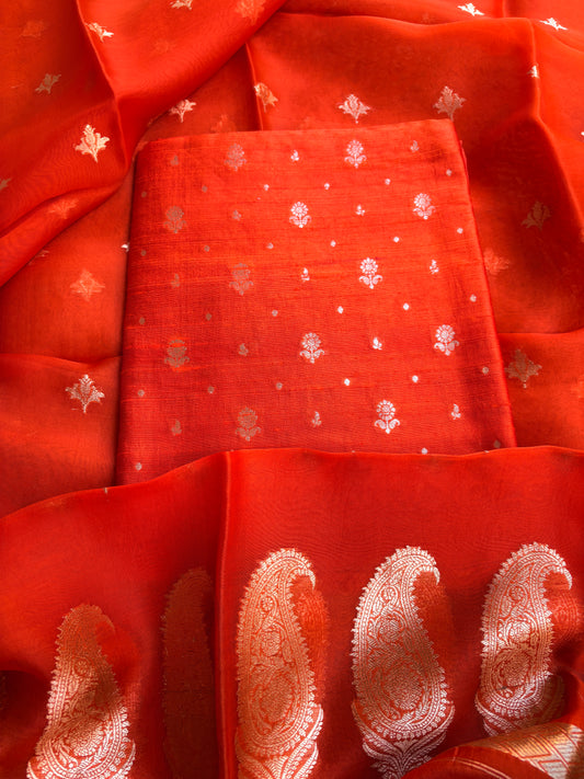 Orange raw silk kurta , bottom and kora silk dupatta