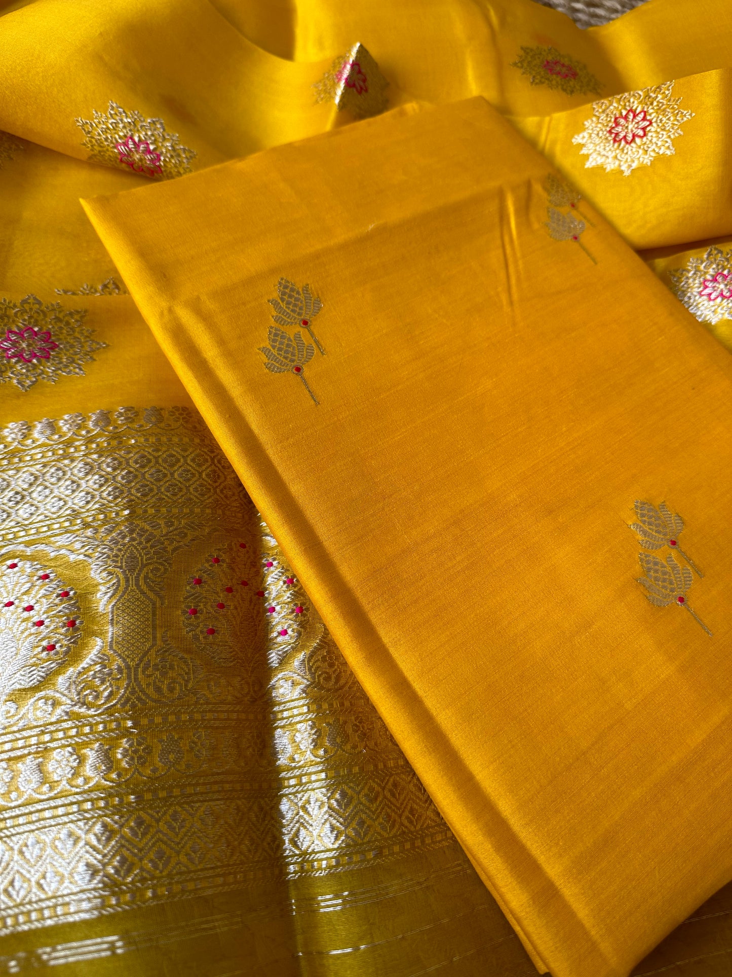 Yellow chiniya silk kurta, kora kadhwa dupatta 3 piece set